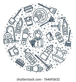 Round collage with cleaning service supplies icons in outline minimal design for banners, flyers, cards, brochures. Housekeeping circle vector illustration. Housework symbols.