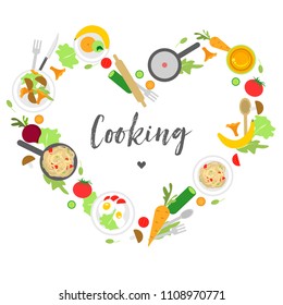 A round collage in the form of a heart with fruits, vegetables and other products and appliances for cooking