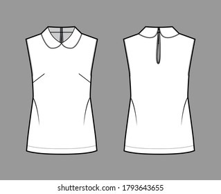 Round collar blouse technical fashion illustration with loose silhouette, sleeveless, back button-fastening keyhole. Flat shirt apparel template front back white color. Women men unisex top CAD mockup