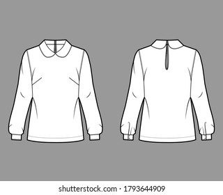 Round collar blouse technical fashion illustration with loose silhouette, long shirt sleeve, back button-fastening keyhole. Flat apparel template front back white color. Women, men unisex top mockup