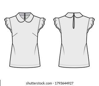 Round collar blouse technical fashion illustration with loose silhouette, flutter sleeve, back button-fastening keyhole. Flat shirt apparel template front back grey color. Women, men unisex top mockup