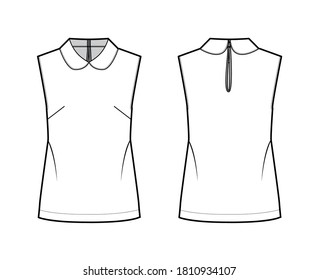 Ilustración técnica de la moda de cuello redondo con silueta suelta, sin mangas, abrochador del botón trasero. Plantilla de ropa de camisa plana de color blanco delantero. Hombres mujeres unisex top CAD mockup