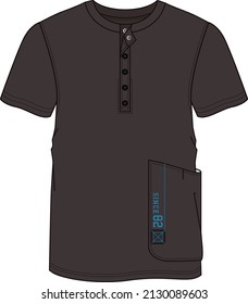 Round collar t-shirt technical henley design side pocket sewing details and labels
