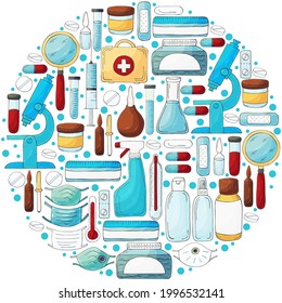 Colección redonda de ilustraciones vectoriales. Herramientas de doctores auxiliares de laboratorio con estilo de dibujo manual. Herramientas de análisis, búsqueda de virus