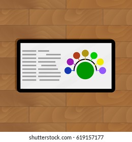 Round color chart on tablets screen. Connection diagram information, vector illustration