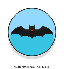 round color flat art illustration of a cartoon bat on a blue background