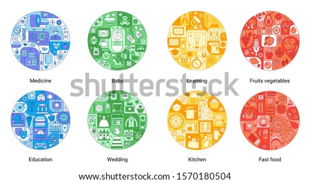Round color flat line concept of baby, wedding, education, fast food, medicine, kitchen, fruits vegetables, learning. Vintage stroke vector icons set for cover, emblem, badge, flyers, posters