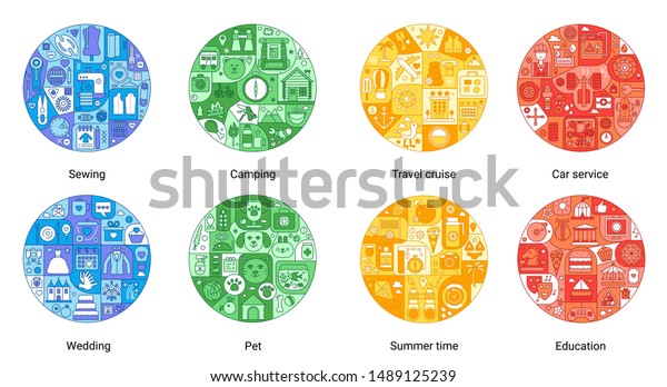Round color flat line concept of sewing,\
camping, travel cruise, car service, summer time, wedding,\
entertainment, pet icons. Vintage stroke vector icons set for\
cover, emblem, badge, flyers,\
posters.