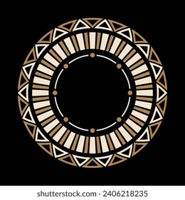 Marco de color redondo de formas geométricas simples. Triángulos y rayas. Elegante ornamento redondo con un lugar para el texto aislado en fondo negro. Plantilla para tarjeta de saludo, invitación.