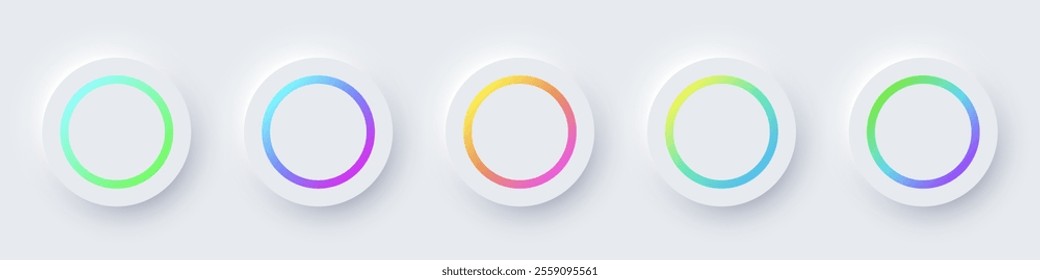 Round color frames with illuminated neon borders on white background. Glowing white circle frames with color lines. Modern abstract futuristic geometric vector illustration set in soft pastel tones.