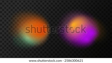 Round color gradient. Blurred grainy blob. Abstract shapes with noise texture isolated on transparent dark background. Vector illustration.