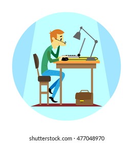 round color illustration of a cartoon character sitting at a laptop in the afternoon