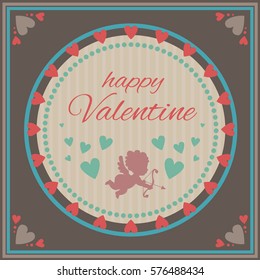Round color invitation with hearts and cupid. Vector illustration. Retro style