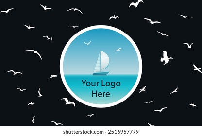 Logotipo de cor redonda com veleiro no mar. Vetor em fundo preto com gaivotas