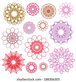 Round color ornament set. Vector spirographs collection