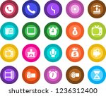 Round color solid flat icon set - alarm clock vector, phone, tv, money bag, well, sickle, film frame, vinyl, video camera, microphone, call, office, fireplace, sand