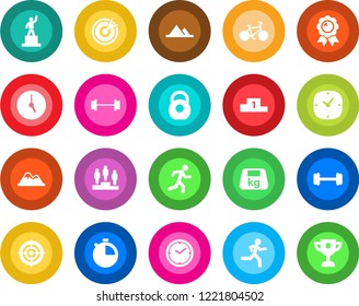 Round color solid flat icon set - pedestal vector, medal, barbell, bike, run, heavy, clock, stopwatch, target, mountains, award cup