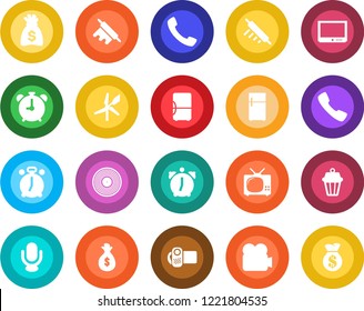 Round color solid flat icon set - alarm clock vector, money bag, vinyl, tv, video camera, microphone, call, rolling pin, outdoor lamp, fridge, windmill