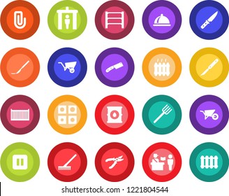 Round color solid flat icon set - passport control vector, security gate, farm fork, rake, wheelbarrow, pruner, scalpel, cargo container, oil barrel, rack, pause button, application, paper clip