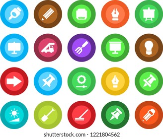 Round color solid flat icon set - right arrow vector, ladder car, presentation board, drawing pin, bulb, garden fork, shovel, rake, hdmi, brightness, ink pen, pencil