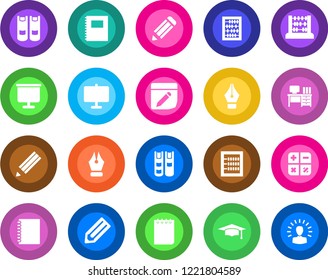 Round color solid flat icon set - book vector, calculator, graduate, abacus, desk, notepad, pencil, notes, copybook, presentation board, ink pen, shining head