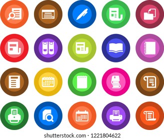Round color solid flat icon set - book vector, document search, pen, notepad, printer, folder, news, copybook, calendar, schedule, contract