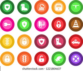 Round color solid flat icon set - alarm car vector, border cone, lock, glove, boot, hose, heart shield, traffic light, protect, key, intercome, sprinkler, crisis management