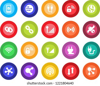 Round color solid flat icon set - satellite vector, network, share, chain, rca, data exchange, cellular signal, wireless, power plug, lock, home control app, social media