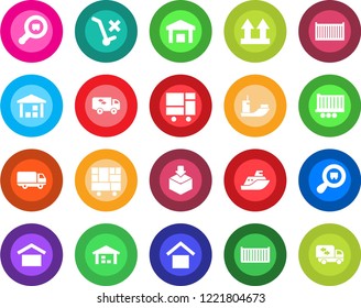Round color solid flat icon set - sea shipping vector, truck trailer, cargo container, car delivery, consolidated, warehouse storage, up side sign, no trolley, package, search, moving