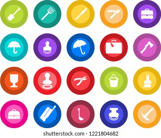 Round color solid flat icon set - suitcase vector, umbrella, stamp, shovel, farm fork, bucket, pruner, axe, scalpel, fragile, themes, case, ladle, hard work