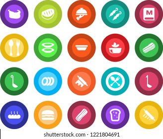 Round color solid flat icon set - spoon and fork vector, menu, salad, plates, bacon, waiter, bread, chicken, steak, kebab, hamburger, ladle, bowl, rolling pin