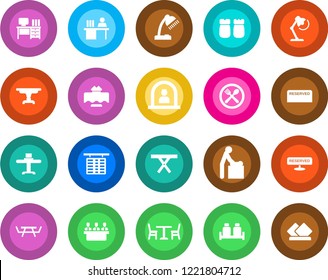 Round color solid flat icon set - cafe vector, baby room, reception, flight table, desk, picnic, manager, lamp, meeting, restaurant, reserved, salt and pepper, serviette