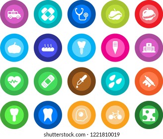 Round color solid flat icon set - plant label vector, pumpkin, seeds, heart pulse, stethoscope, dropper, patch, ambulance car, bike, tooth, implant, diet, hospital, bread, rolling pin, omelette