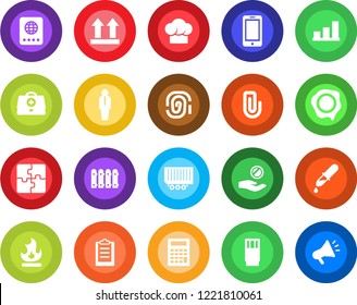Round color solid flat icon set - passport vector, manager, mobile phone, stamp, fire, doctor case, dropper, truck trailer, up side sign, application, clipboard, paper clip, bar graph, fence, drink
