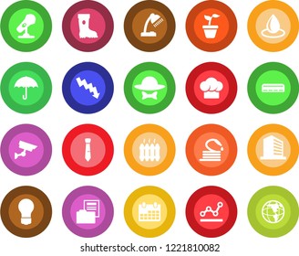 Round color solid flat icon set - office building vector, crisis graph, bulb, calendar, seedling, boot, water drop, hose, umbrella, microphone, document folder, point, desk lamp, tie, heater, earth