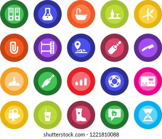Round color solid flat icon set - credit card vector, office binder, boot, navigation, film frame, video camera, jack connector, paper clip, bathroom, alcohol, phyto bar, knife, windmill, flask