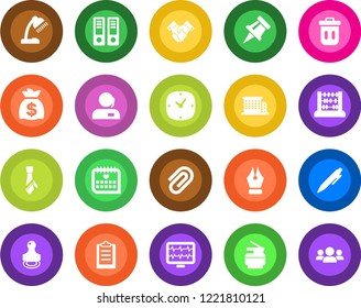 Round color solid flat icon set - office binder vector, abacus, pen, money bag, monitor pulse, medical calendar, clock, clipboard, drawing pin, paper clip, ink, support, desk lamp, tie, copier