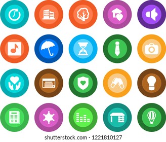 Round color solid flat icon set - umbrella vector, desk, tie, bulb, tree, pills, heart shield, hand, camera, speaker, equalizer, music, contract, office building, sweet home, police, clock, schedule
