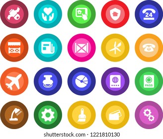 Round color solid flat icon set - plane vector, passport, heart hand, satellite, 24 hours, container, news, settings, themes, pie graph, desk lamp, stamp, phone, alcove, credit card, protect, gear