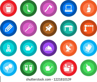 Round color solid flat icon set - barrier vector, passport control, desk, pencil, farm fork, watering can, bucket, glove, axe, blood test vial, office phone, satellite antenna, microphone, paper pin