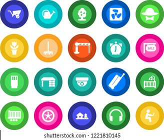 Round color solid flat icon set - suitcase vector, barrier, desk, flower in pot, rake, watering can, wheelbarrow, truck trailer, headphones, alarm, house with tree, fruit, sale, children room, drink