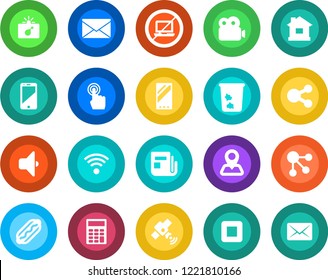 Round color solid flat icon set - no laptop vector, trash bin, bomb in case, mail, house, navigation, satellite, news, cell phone, touch screen, stop button, mobile, video, calculator, wireless