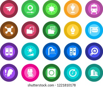 Round color solid flat icon set - train vector, shower, book, pennant, sun, molecule, folder document, record, brightness, ink pen, rooms, estate search, smoke detector, clock, paper plane
