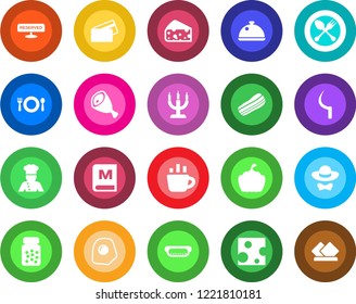 Round color solid flat icon set - spoon and fork vector, coffee, sickle, pumpkin, pills bottle, cook, dish, cafe, menu, reserved, bacon, candle, dress code, credit card, ham, hot dog, omelette