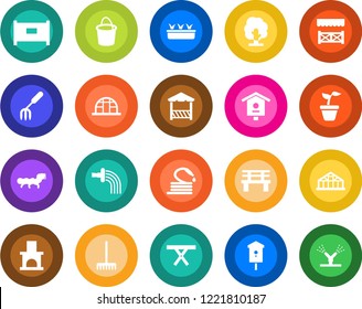 Round color solid flat icon set - fence vector, garden fork, rake, seedling, tree, bucket, watering, hose, bench, fireplace, greenhouse, caterpillar, picnic table, bird house, alcove, irrigation