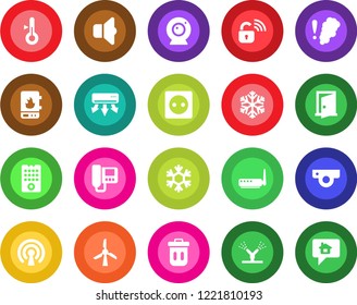 Round color solid flat icon set - socket vector, wireless lock, remote control, irrigation, water heater, router, web camera, snowflake, air conditioner, intercome, smoke detector, thermometer, door