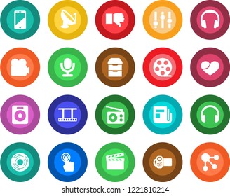 Round color solid flat icon set - satellite antenna vector, clapboard, film frame, reel, vinyl, radio, news, settings, video camera, microphone, cell phone, touch screen, headphones, speaker, heart