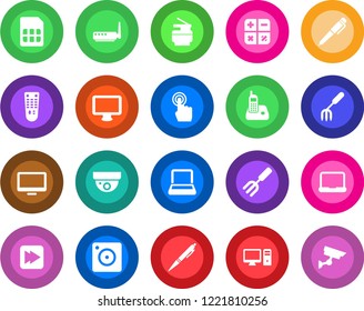 Round color solid flat icon set - calculator vector, garden fork, remote control, touch screen, monitor, radio phone, fast forward, mobile camera, sim, notebook pc, copier, pen, router, surveillance