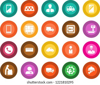 Round color solid flat icon set - taxi vector, phone, baby room, ambulance car, doctor, client, delivery, consolidated cargo, heavy scales, cell, mobile, scanner, root setup, support, waiter