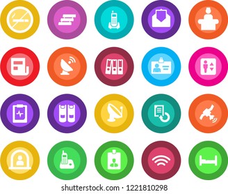 Round color solid flat icon set - elevator vector, no smoking, reception, identity card, book, document reload, pulse clipboard, office phone, satellite antenna, radio, mail, wireless, news, tray